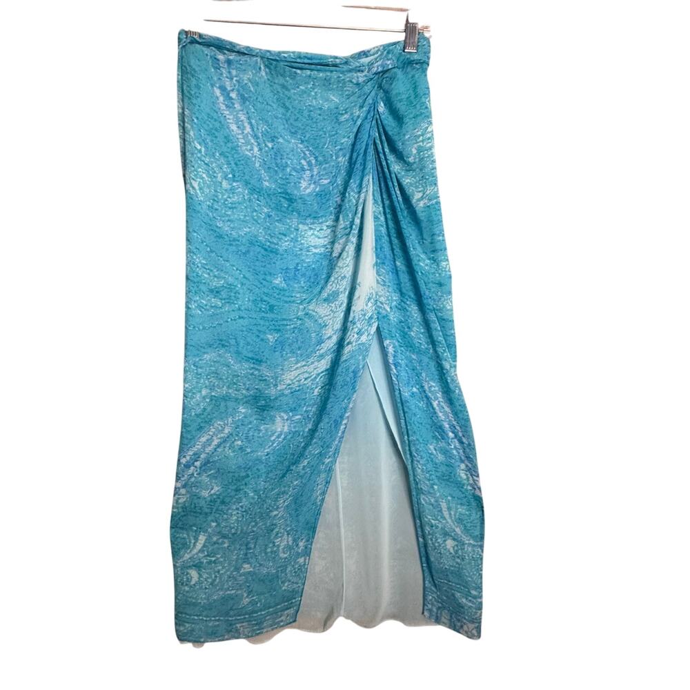 Anne Klein Silk Maxi Lined Front Slit Feminine Skirt Women 6P Aqua Blue White